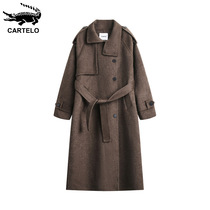 Crocodile Maillard bifacial cashmere big coat mens winter Korean version Advanced sense belt length Wool Coat Man