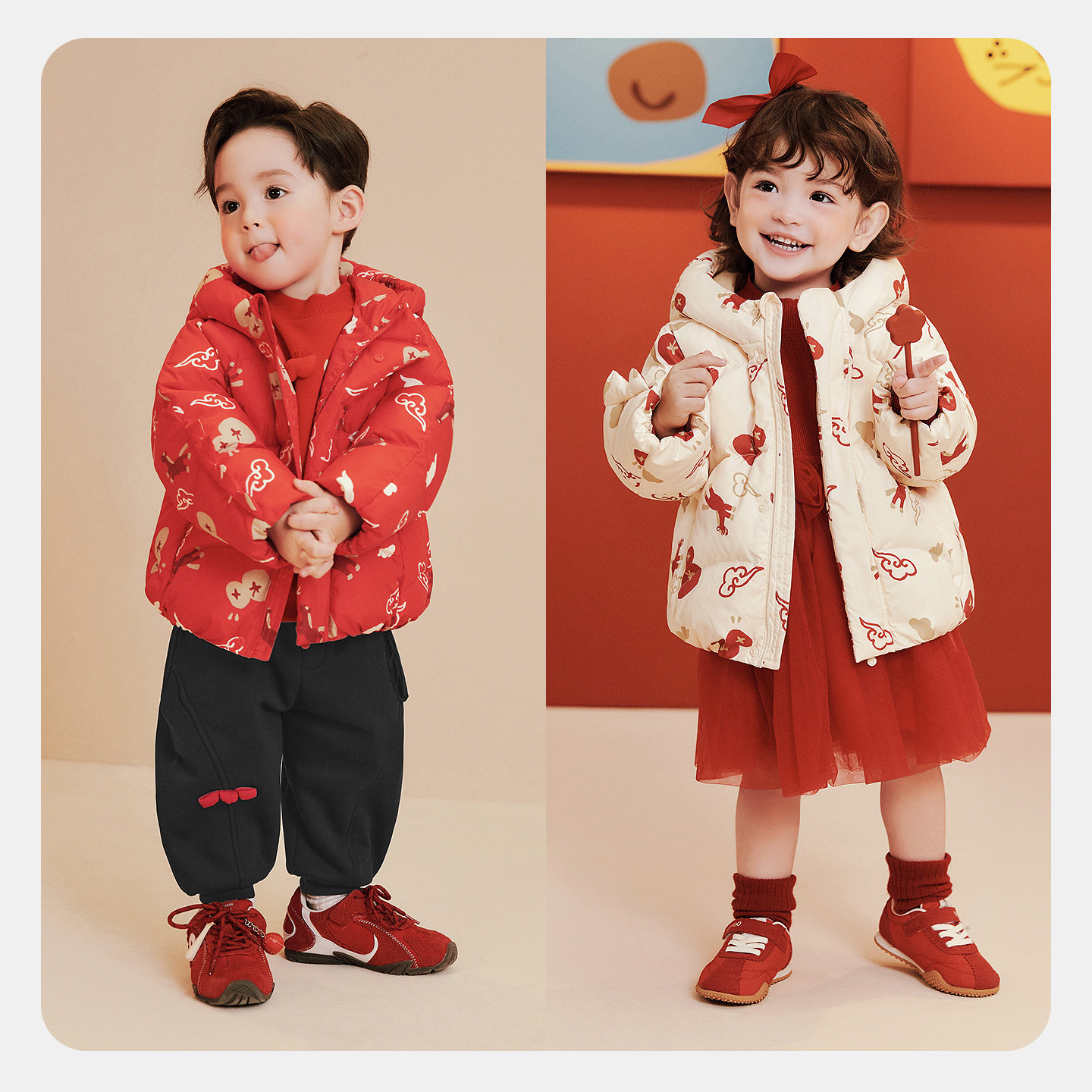 迷你巴拉男女童羽绒服宝宝新中式红色连帽儿童外套新年拜年马年,淘宝优惠券,粉丝福利购,淘宝优惠卷