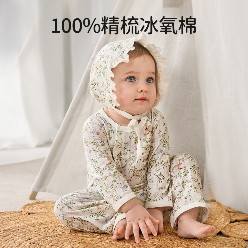 欧孕婴儿连体衣夏季薄款新生男女宝宝纯棉哈衣睡衣空调服长袖爬服