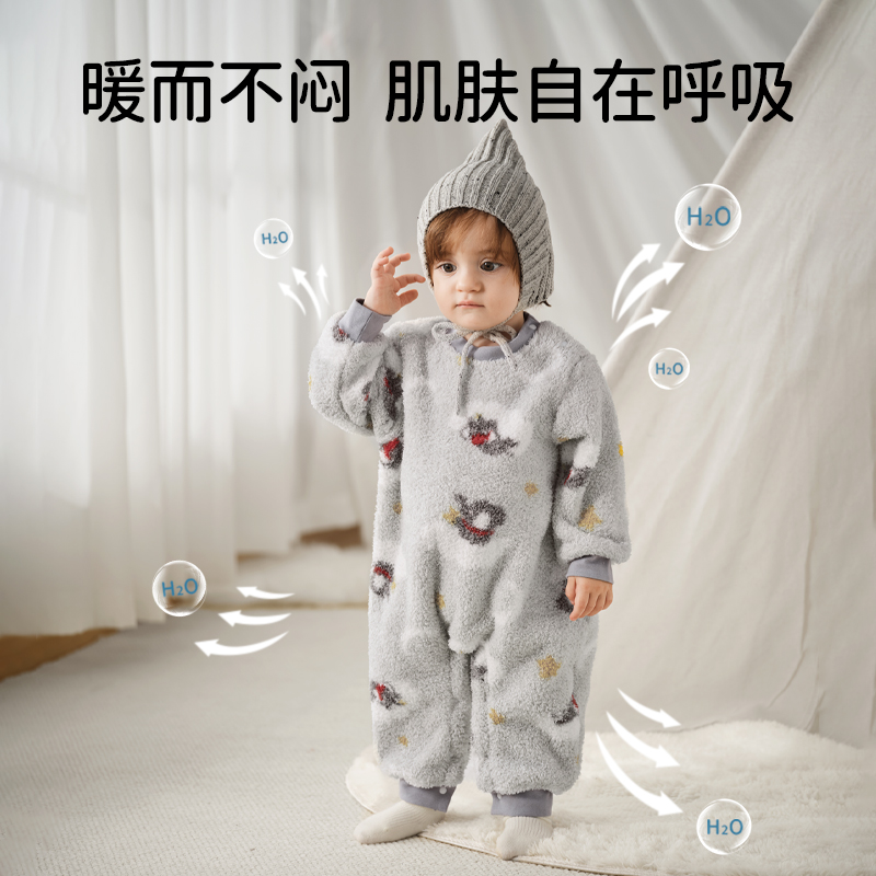 欧孕半边绒婴儿秋冬衣服宝宝连体衣保暖睡衣加绒哈衣家居爬服冬装