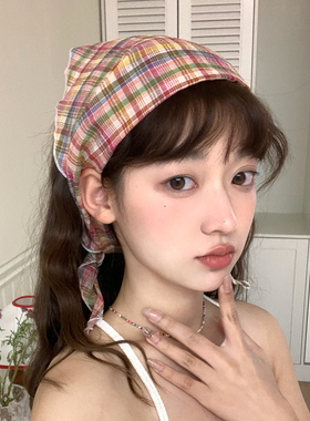 法式红色格纹三角头巾女夏海边复古田园风丝巾遮阳防晒三角巾发带