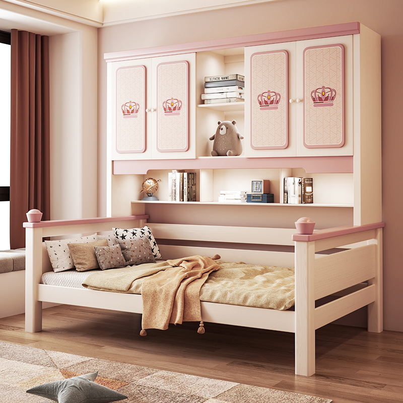 全实木衣柜床一体组合儿童单人床女孩粉色公主床小户型储物榻榻米 - 图1