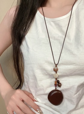 新中式橡果吊坠项链女民族风唐装棉麻长毛衣链复古高级感配饰挂件