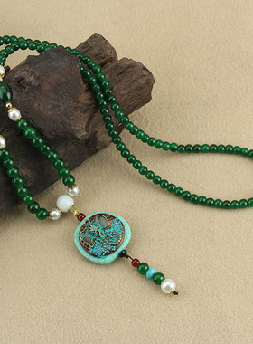 复古民族风新中式吊坠项链男女祖母绿色佛珠长毛衣链百搭国风挂件