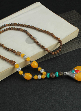 新中式国风复古民族风蜜蜡水滴项链男女串珠长毛衣链唐装棉麻配饰