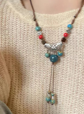 民族风挂件陶瓷项链新中式复古风吊坠项链女毛衣款百搭女唐装汉服