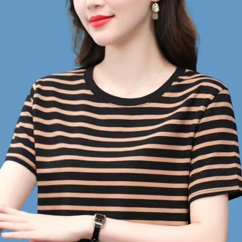 新款夏季宽松大码纯棉短袖t恤女中年妈妈条纹半袖百搭上衣服汗衫 - 图2