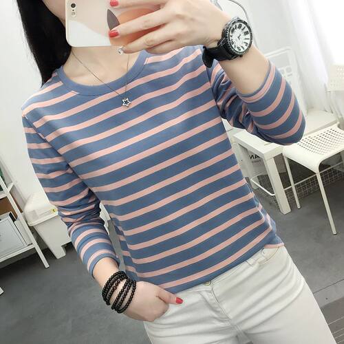 2026新款纯棉长袖T恤女早秋装上衣服宽松大码条纹秋衣打底衫外穿 - 图1