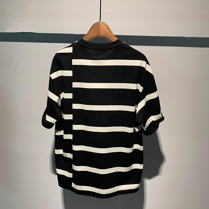 潮流条纹拼接百搭绣花设计个性体恤圆领上衣夏季男士宽松短袖T恤