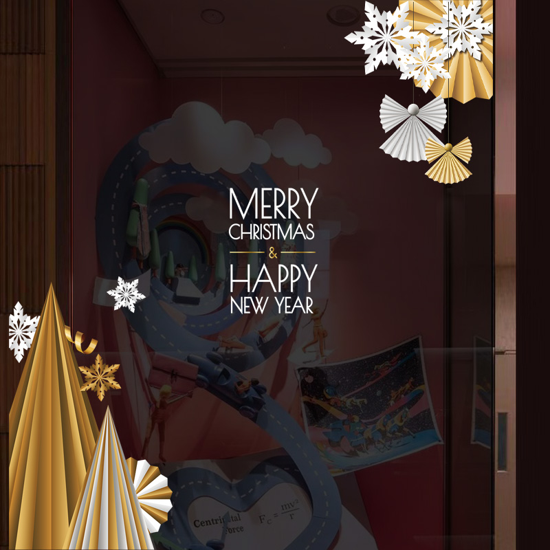 金色圣诞树玻璃门防撞贴纸新年橱窗装饰定制元旦静电玻璃贴纸窗贴