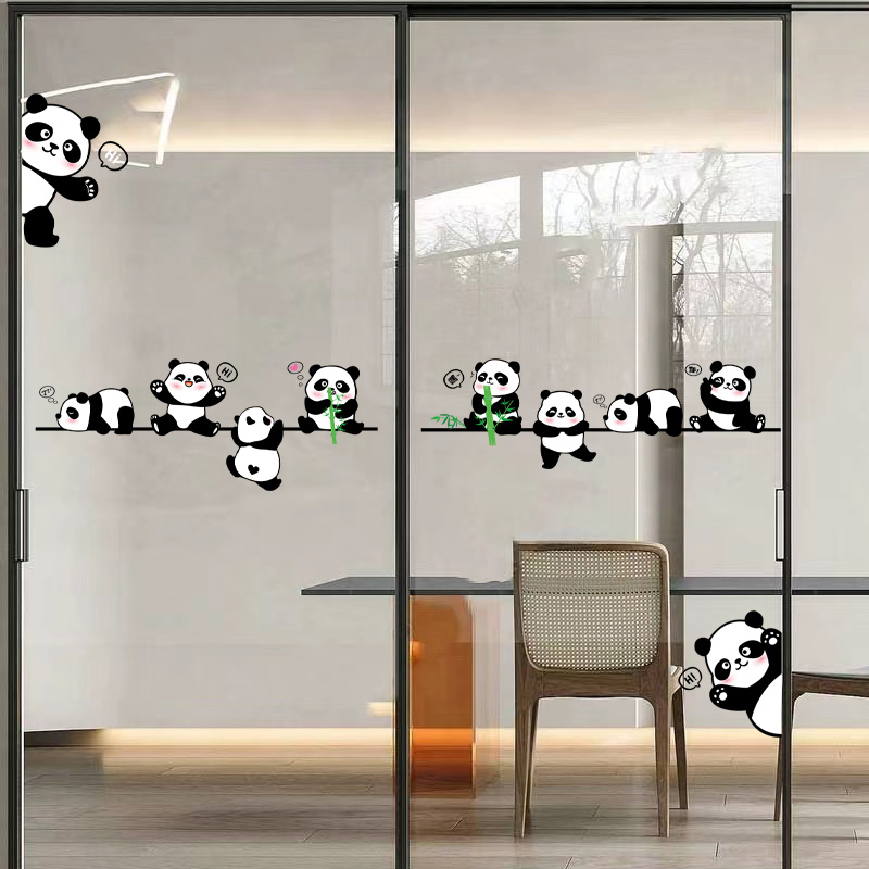 卡通熊猫厨房防撞玻璃贴纸创意装饰餐厅玻璃门小心玻璃贴画静电贴