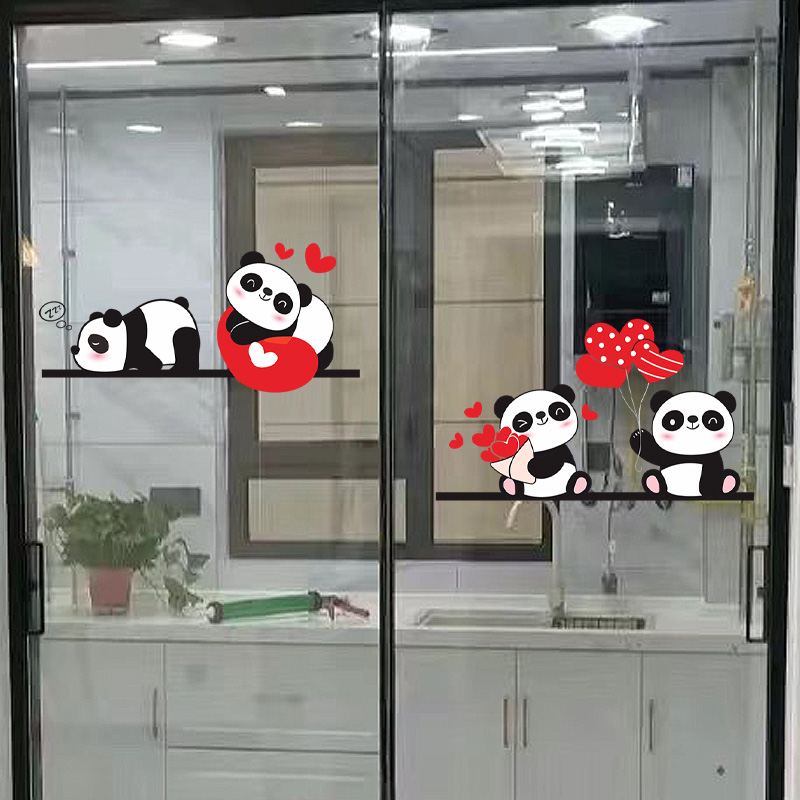 婚庆熊猫厨房玻璃门防撞贴防水静电玻璃膜可爱装饰餐厅橱窗玻璃贴