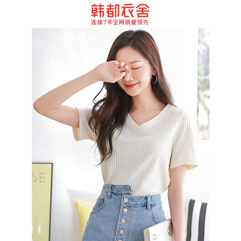 韩都衣舍2020 v领纯色短袖瑭t恤 韩都衣舍秀衣莲T恤