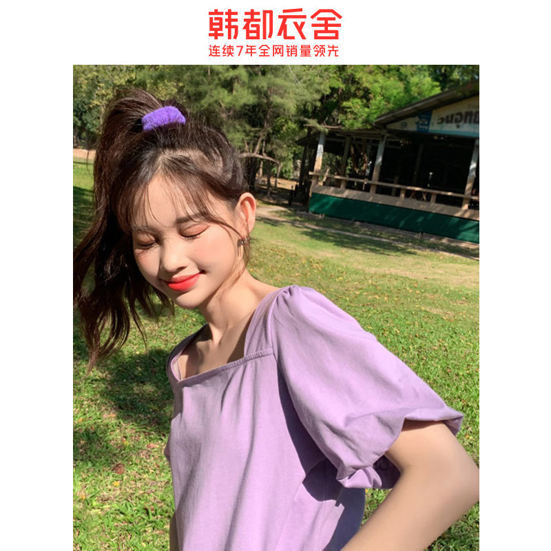 韩都衣舍2020夏新款法式方领女t恤 韩都衣舍秀衣莲T恤