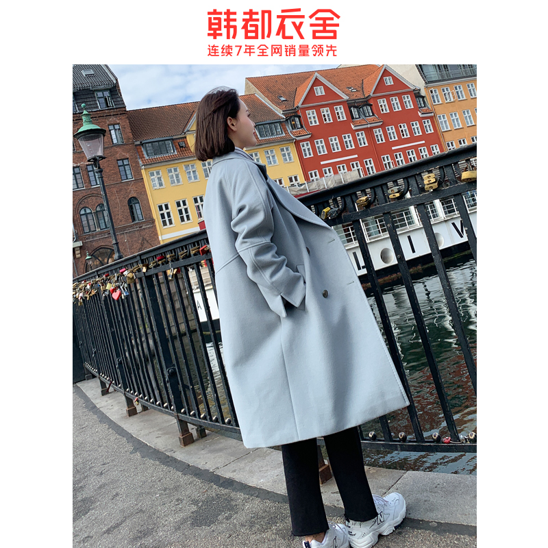 韩都衣舍2019冬装新款韩版中长款尧 韩都衣舍秀衣莲毛呢外套