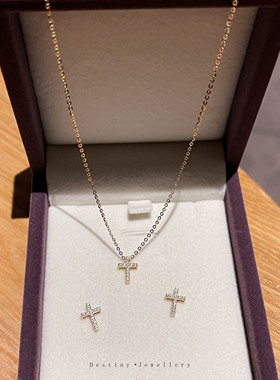 镶锆钻9K金罗马十字架女项链