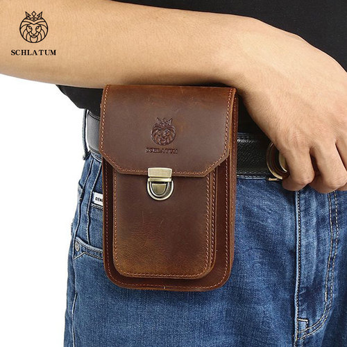 头层牛皮男士手机腰包真皮工地干活硬皮穿皮带挂腰烟盒包竖款皮套 - 图0
