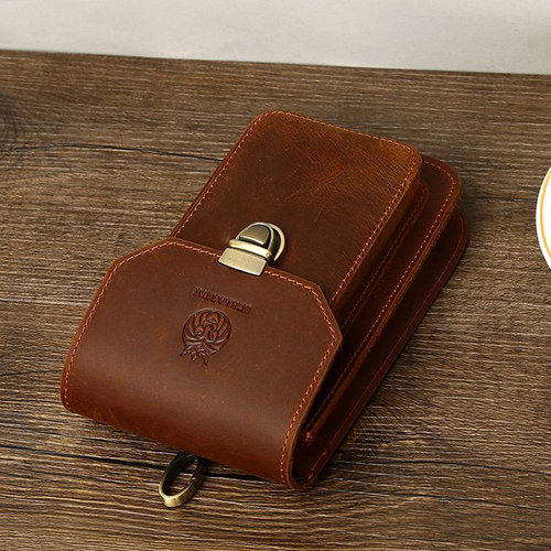 头层牛皮男士手机腰包真皮工地干活硬皮穿皮带挂腰烟盒包竖款皮套 - 图1