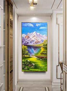 雪域湖光金山福禄玄关装饰油画聚宝盆入户走廊复刻手绘肌理画挂画