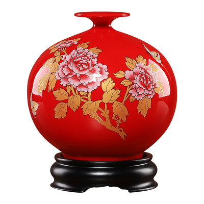 东方泥土中国红陶瓷花瓶摆件新中式家居客厅电视柜博古架装饰品 虎窝淘