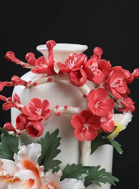 东方泥土陶瓷富贵花瓶摆件中式家居客厅酒柜博古架装饰手工工艺品