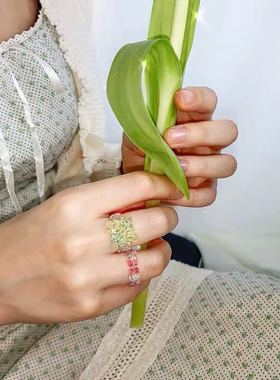 ins风同款方砖手工串珠韩国戒指