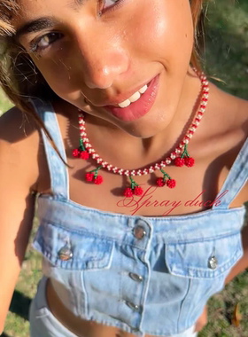 夏日小众设计款甜美樱桃串珠项链耳环耳夹ins水果项链颈链锁骨链