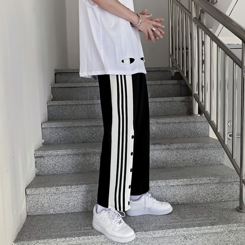 秋季裤子男港风条纹排扣直筒运动裤韩版潮流宽松百搭阔腿休闲长裤 秋季裤子男港风条纹排扣直筒运动裤韩版潮流宽松百搭阔腿休闲长裤