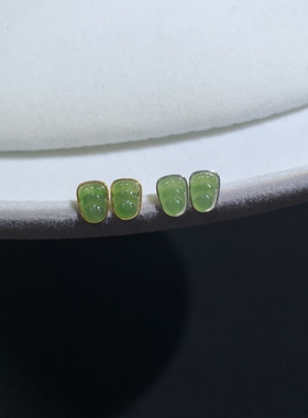小萌物925银镶天然和田碧玉树叶耳钉苹果绿耳饰玉石耳环精致礼物
