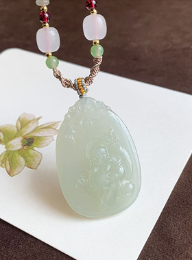 天然和田玉弥勒佛山水牌吊坠