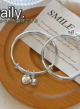 五宝花生福平安锁铃铛纯银手镯足银9999男女小宝宝儿童小孩银镯子