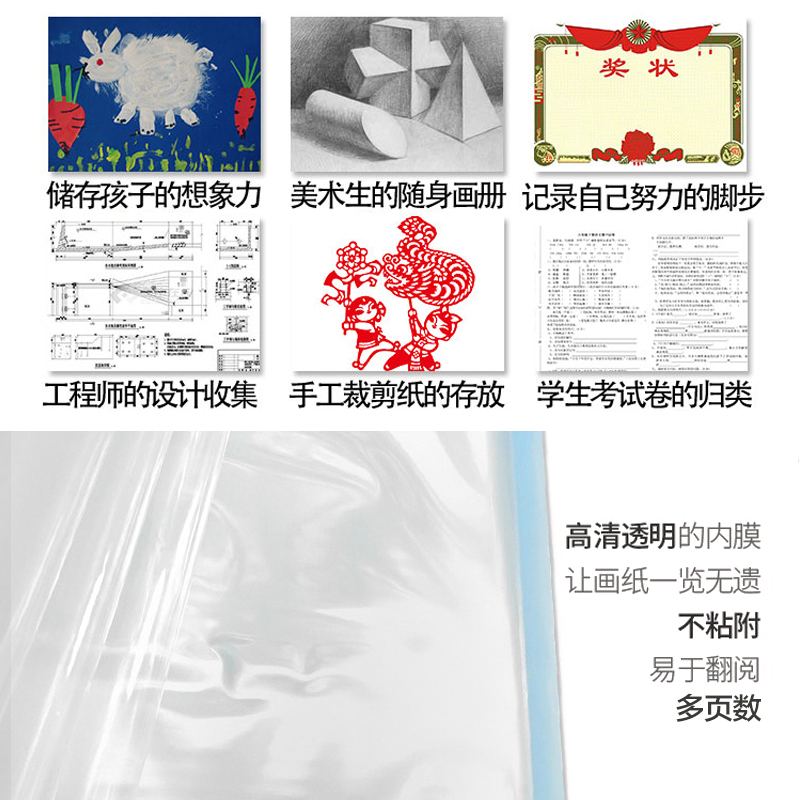 A2资料册4K工程图纸8开a3文件夹大号儿童装画画册收纳袋美术作品集海报插页整理分类档案透明多层定制印logo-图2