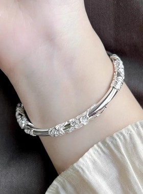 正品纯银色手镯女999简约实心镀银镯子年轻款银饰送闺蜜女朋友礼