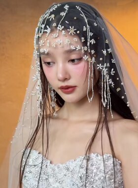 新娘结婚婚纱头纱流苏手工钉珠复古长款摄影拍照道具样片头饰