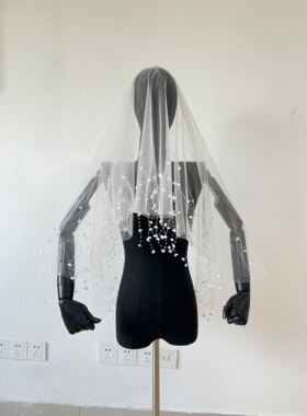 新款铃兰花流苏头纱超仙新娘婚纱礼服配饰拍照道具手工缝珍珠头纱