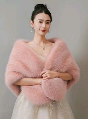 婚纱披肩女冬外搭高端狐狸毛新娘结婚敬酒秀禾服披风斗篷皮草外套