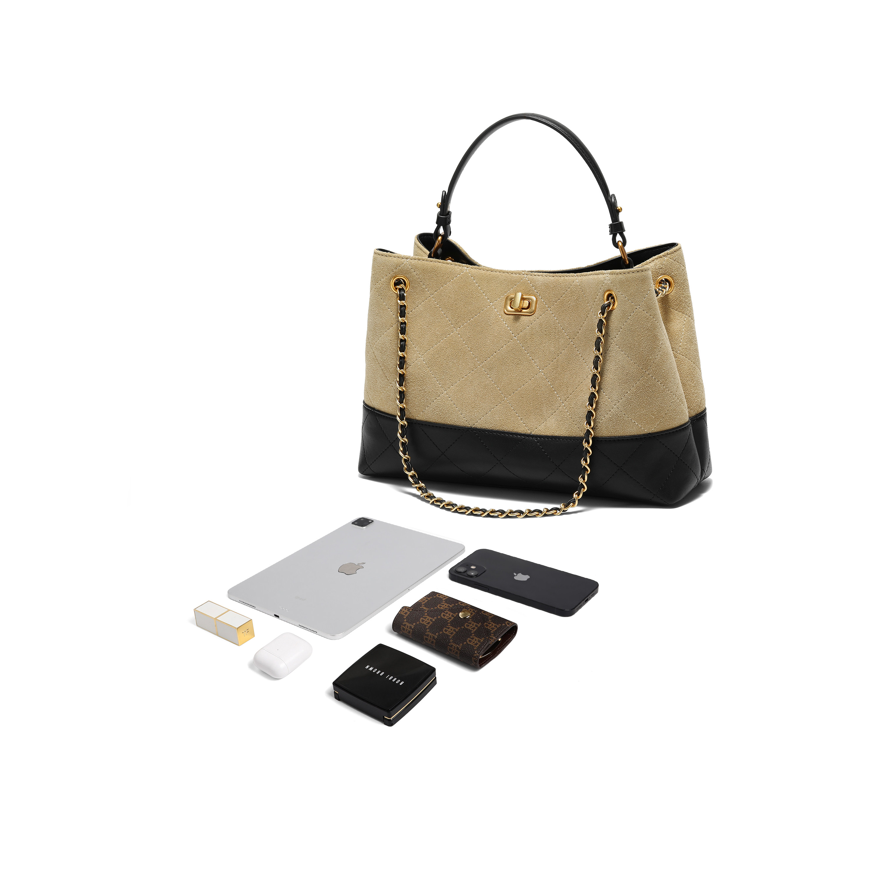 百丽包包女2025冬季新款反绒麂皮小香风撞色单肩托特包F3055DX5,淘宝优惠券,粉丝福利购,淘宝优惠卷