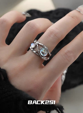 月光石黑白戒指男女情侣一对小众设计高级感开口调节复古轻奢指环