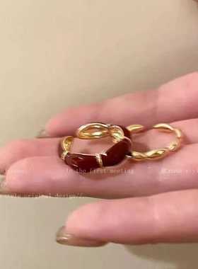 小众酒红色设计感麻花耳饰百搭