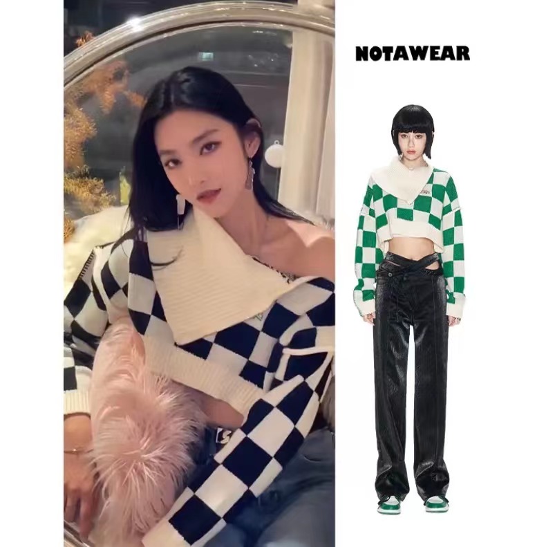 【曾可妮同款】NOTAWEAR 棋盘格界天花板 堆堆领露肩两床羊毛毛衣