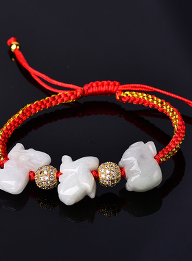 2026年本命年翡翠转运珠三合通宝吉贵宏神将红绳手链生肖属马兔牛