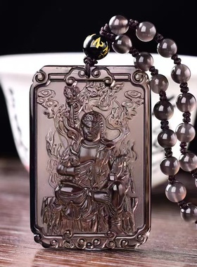 天然冰种黑曜石新款守护神方牌吊坠 黑曜石磨砂款生肖方本命佛