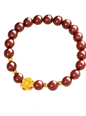 龙年黄金999足金莲花朱砂手链女本命年3D硬金转运珠桃花手串