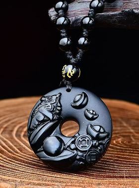 祥安灵阁蟾来献瑞吊坠黑曜石属猪人2026年吉祥物男女生肖猪佩戴