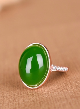 新疆和田老坑碧玉椭圆单圈可调节925银女士款戒指碧玉13x17mm