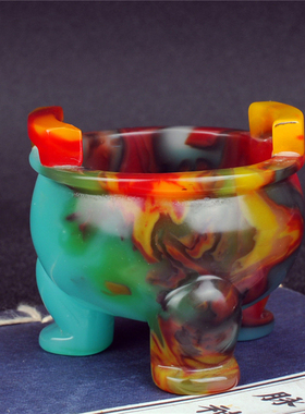 玉器玉器新品新疆和田七彩玉鼎小摆件 戈壁红白玉手把件 玉石