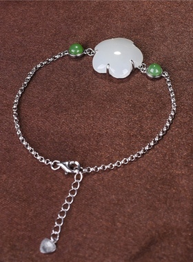 玉器S925银镶玉新疆和田羊脂玉碧玉手链蛋面手串纯银镶嵌女士