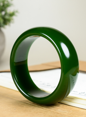 玉器新疆和田碧玉手镯女款菠菜绿加宽加厚轮胎款碧玉镯子A货