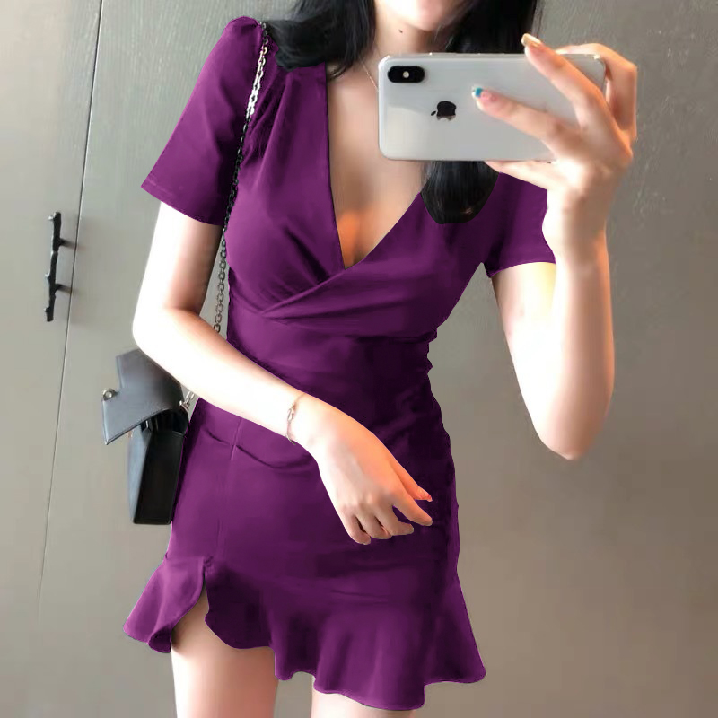 大码女装遮肚性感女神短袖V领收腰荷叶边短裙A字鱼尾包臀连衣裙潮 - 图2