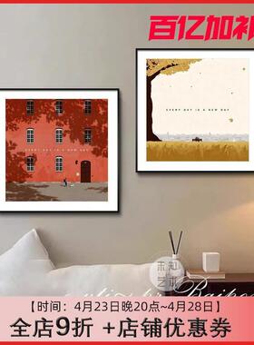 Every day is a new day极简装饰画红色建筑风景小众艺术客厅挂画